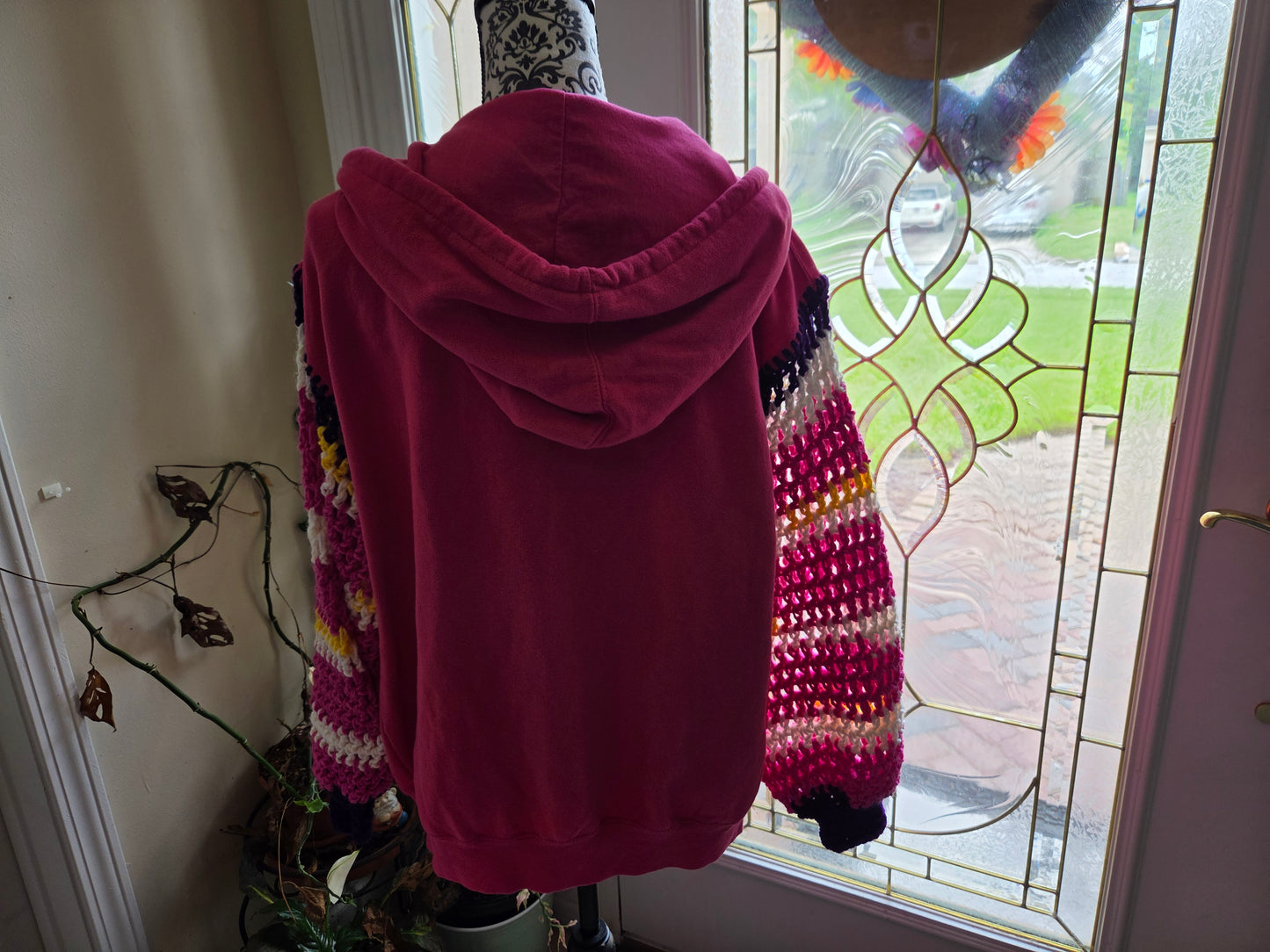 Upcycled Sweater with Crochet Sleeves - Hot Pink the Big Apple