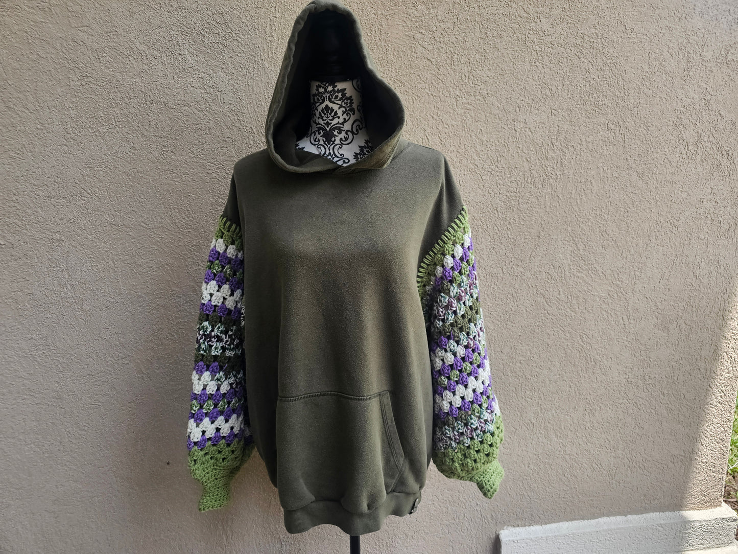 Upcycled Hoodie with Crochet Sleeves - Olive Flowers