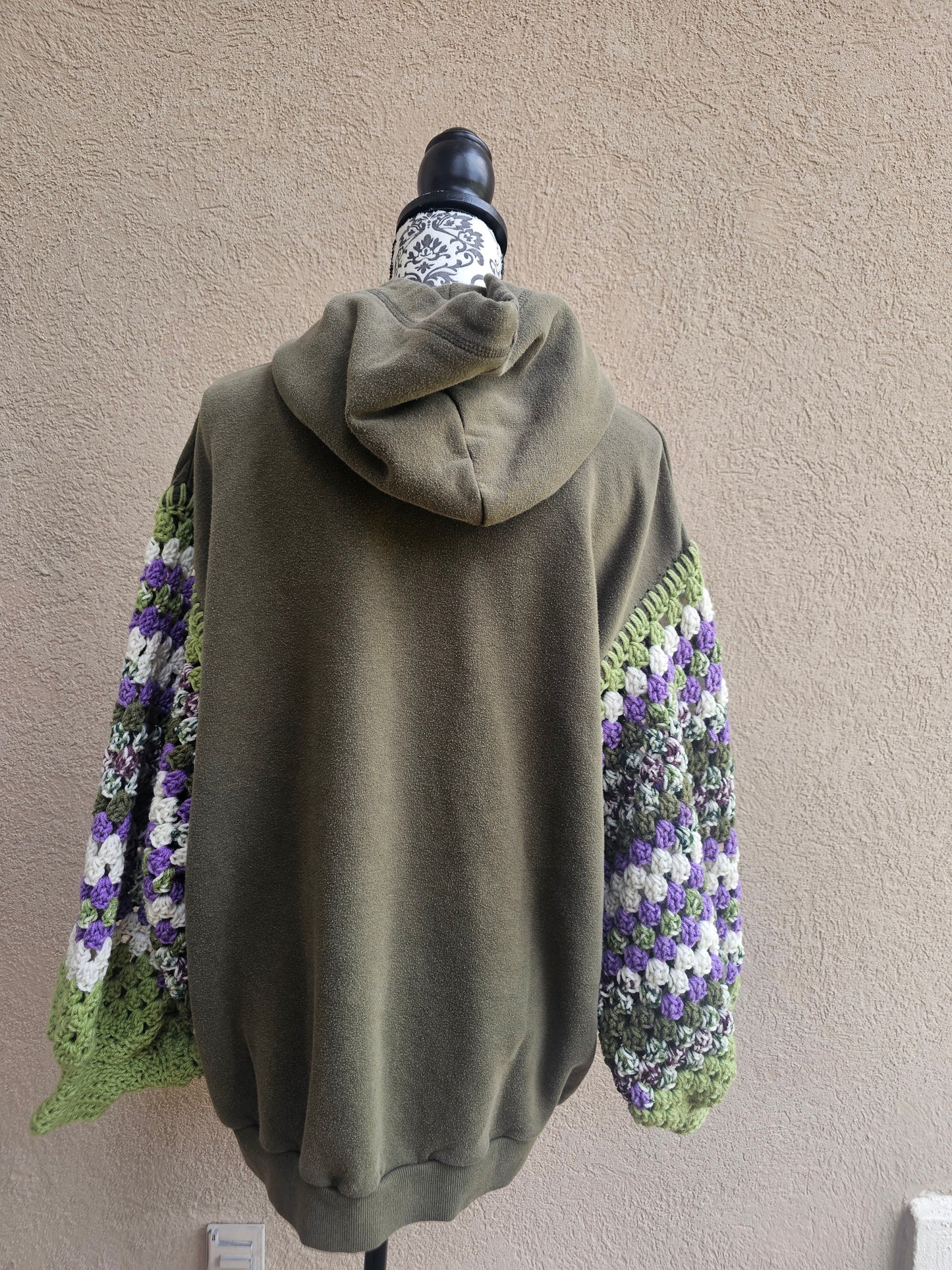 Upcycled Hoodie with Crochet Sleeves - Olive Flowers