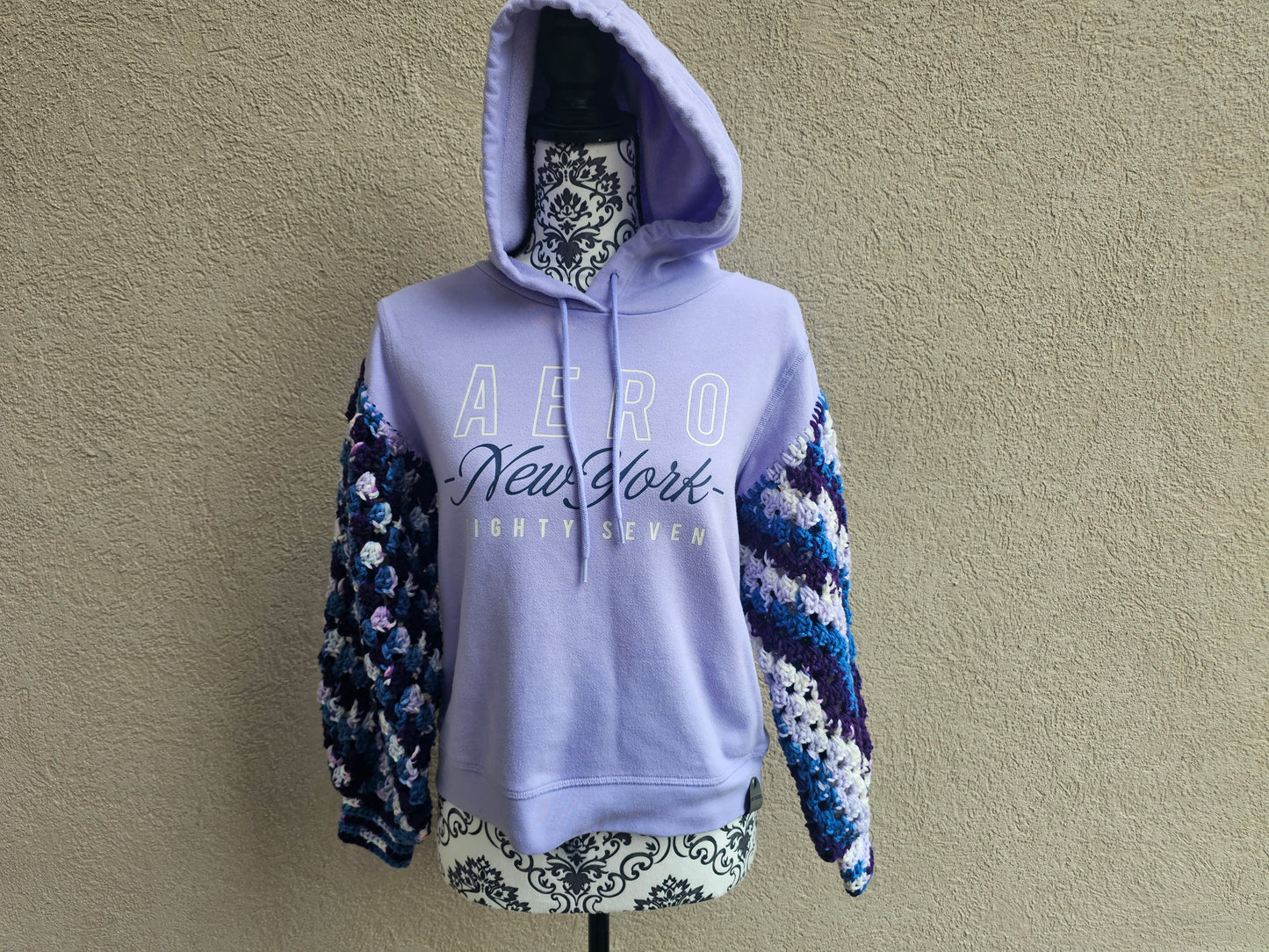 Upcycled Hoodie with Crochet Sleeves - Purple Aero
