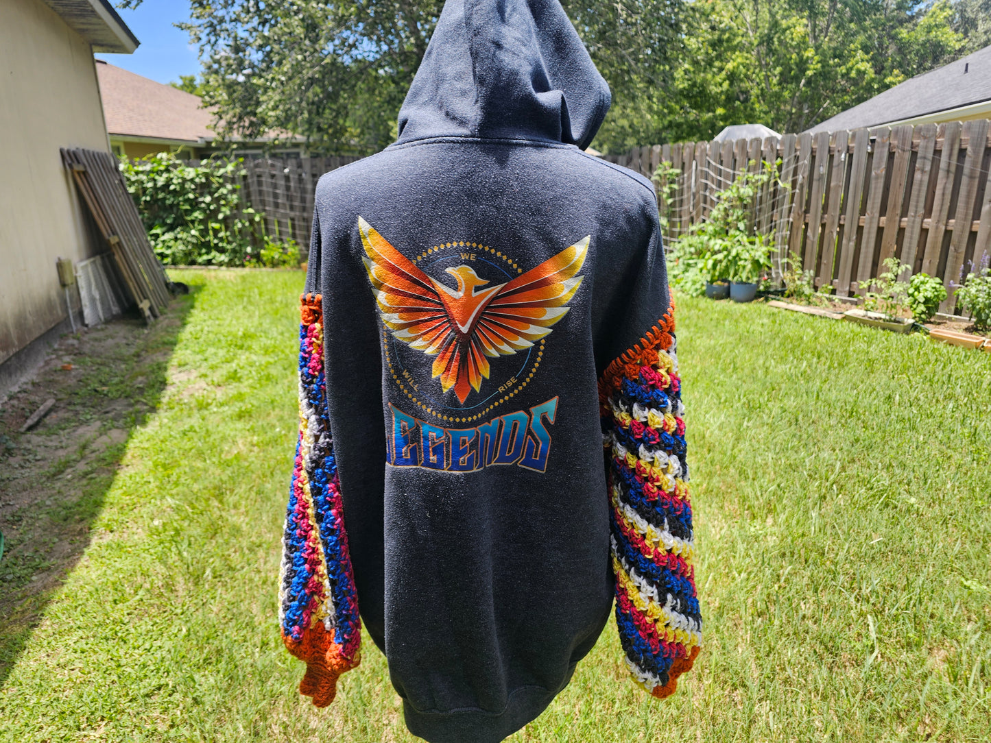 Upcycled Hoodie with Crochet Sleeves - Phoenix