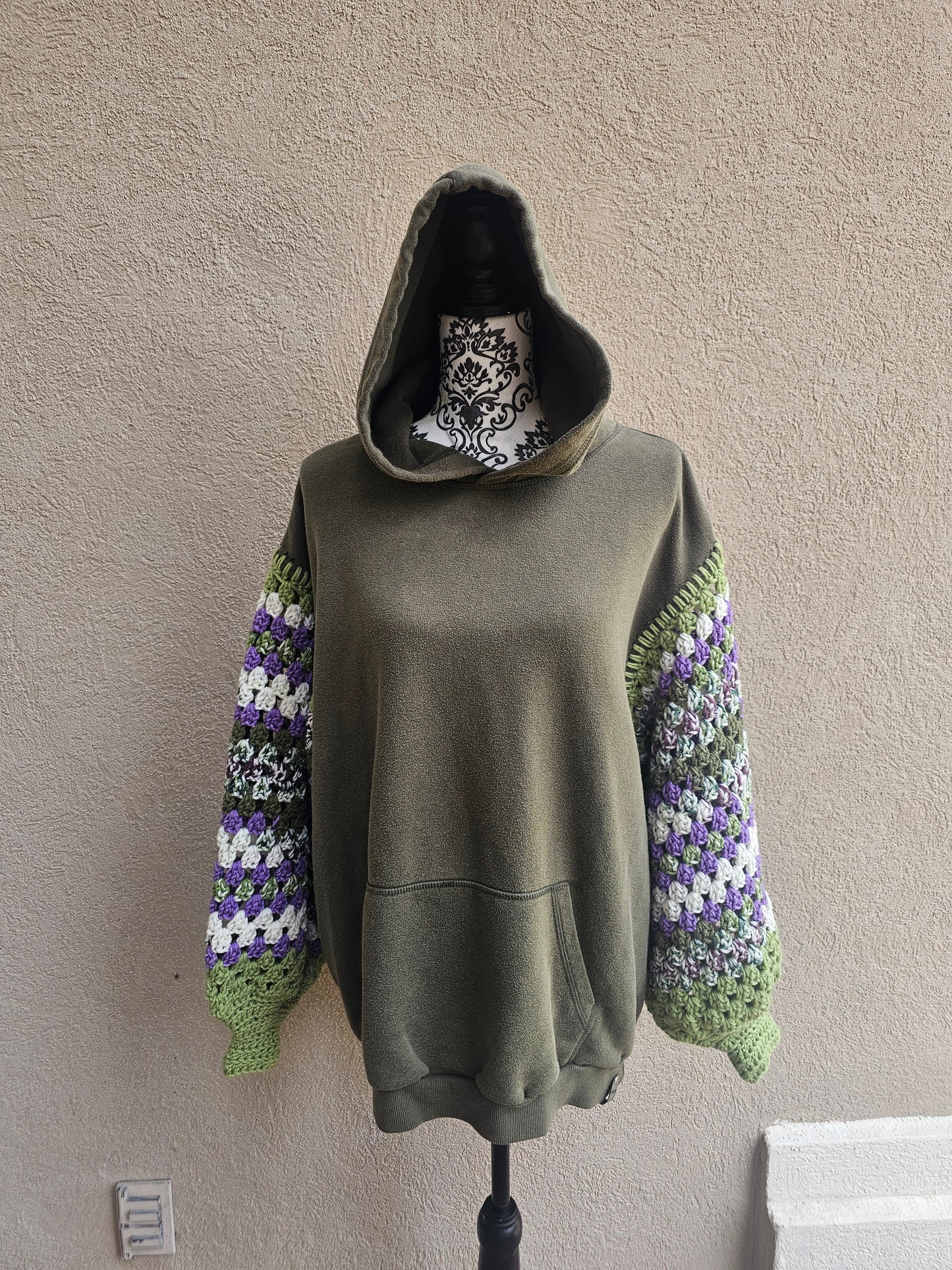 Upcycled Hoodie with Crochet Sleeves - Olive Flowers