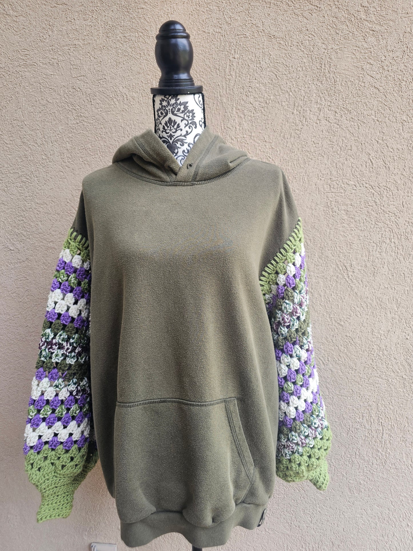 Upcycled Hoodie with Crochet Sleeves - Olive Flowers