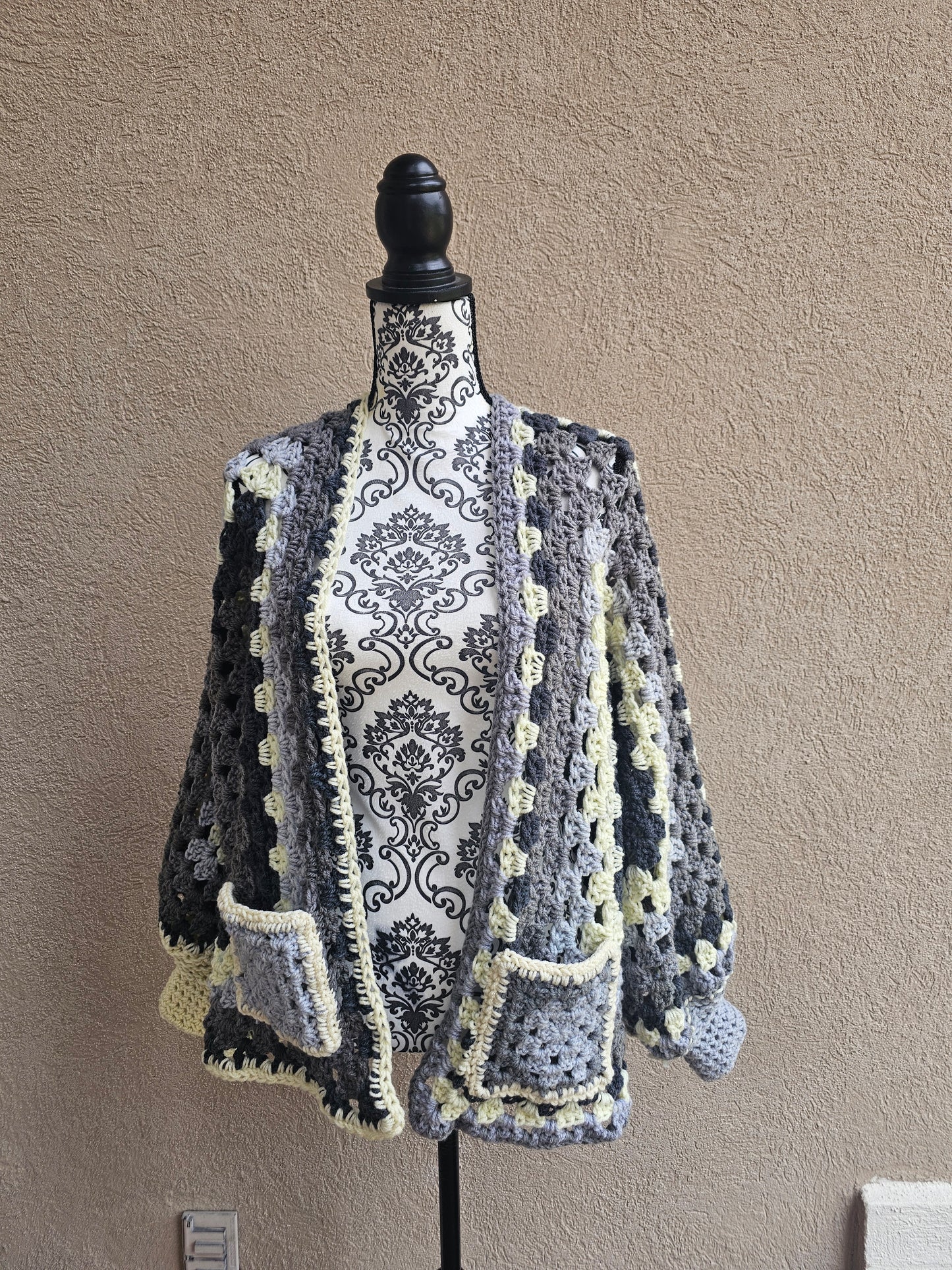 Monochromatic Black and White Crochet Hexicardi Hexi Cardigan Sweater
