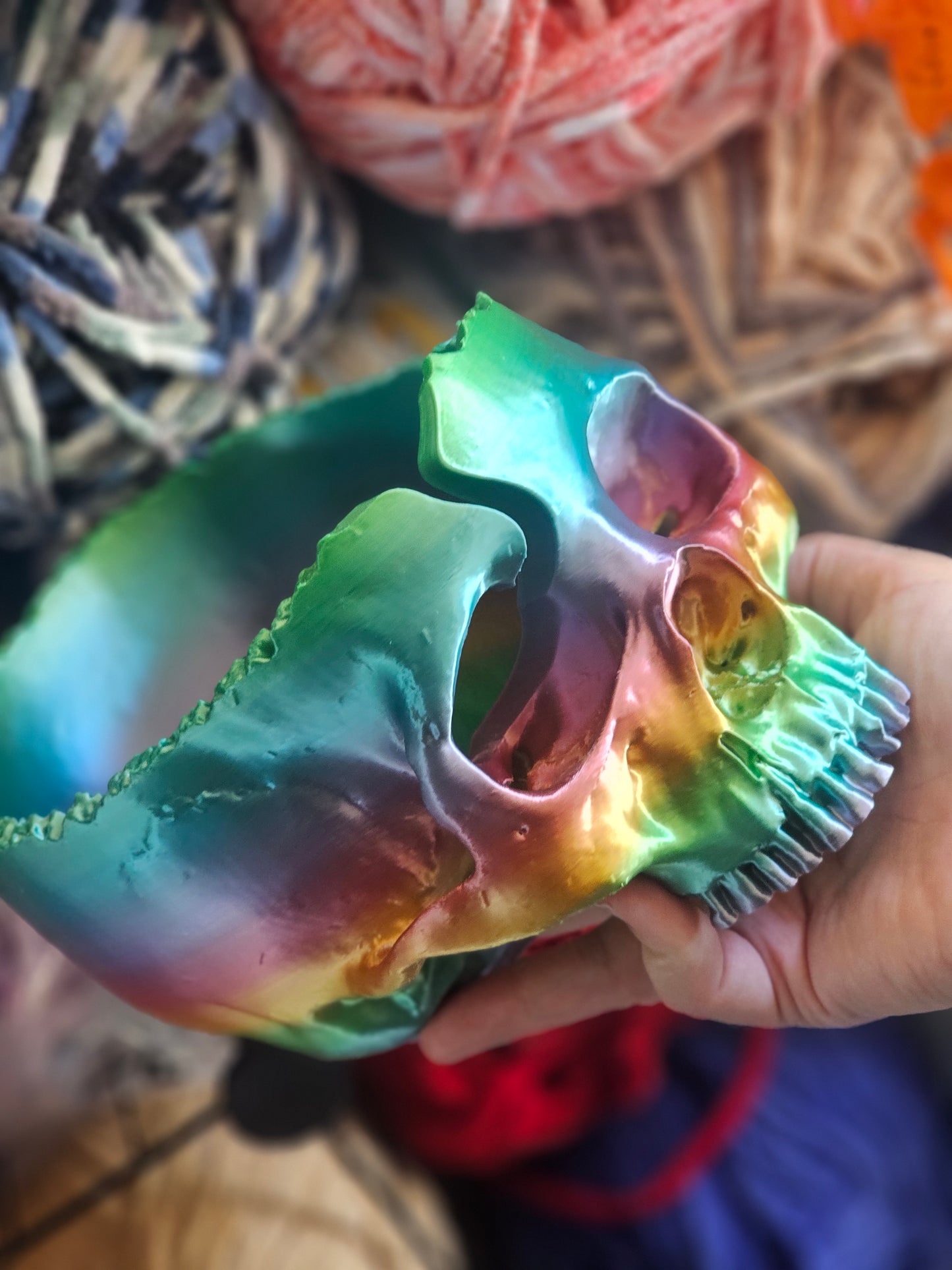 Ready to Ship Metallic Rainbow Yarn Bowl Skull