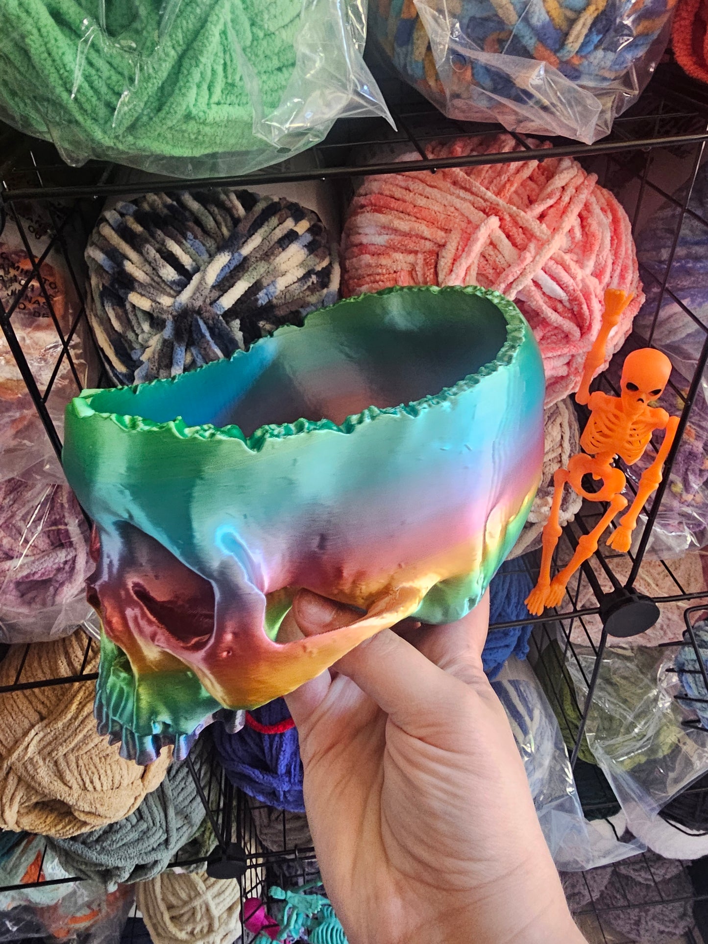 Ready to Ship Metallic Rainbow Yarn Bowl Skull