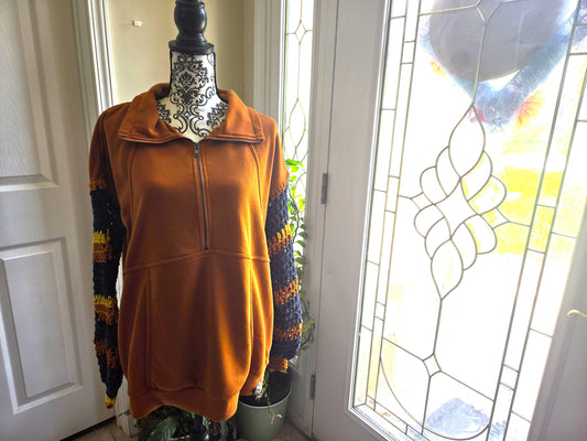Upcycled Sweater with Crochet Sleeves - Orange 1/4 Zip