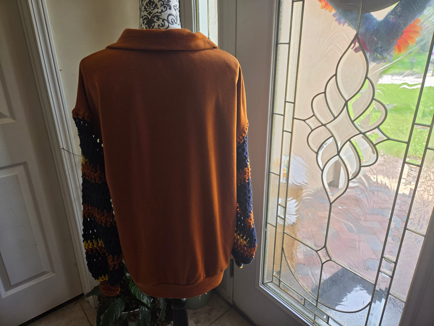 Upcycled Sweater with Crochet Sleeves - Orange 1/4 Zip