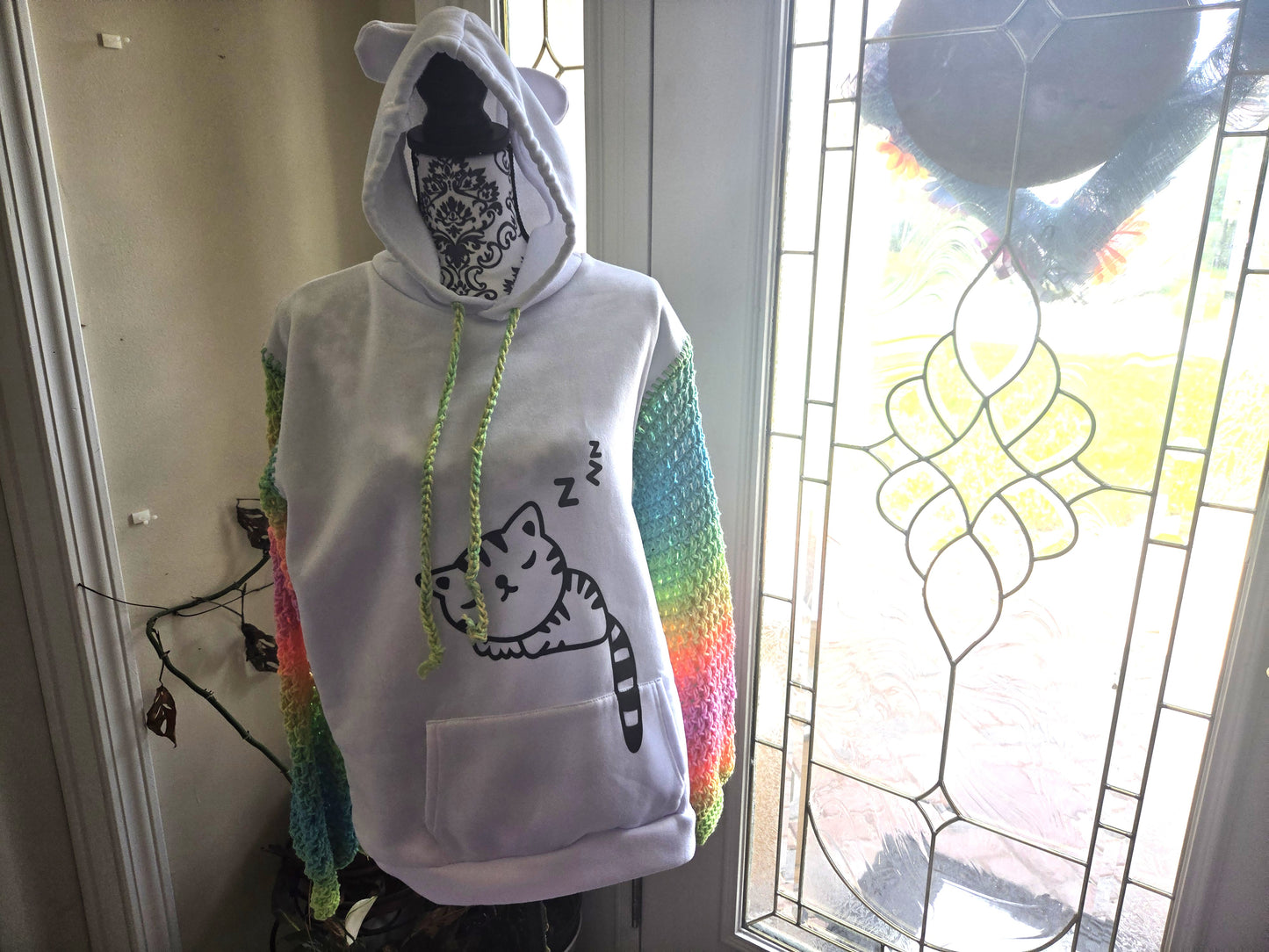 Upcycled Sweater with Crochet Sleeves - Rainbow Cat