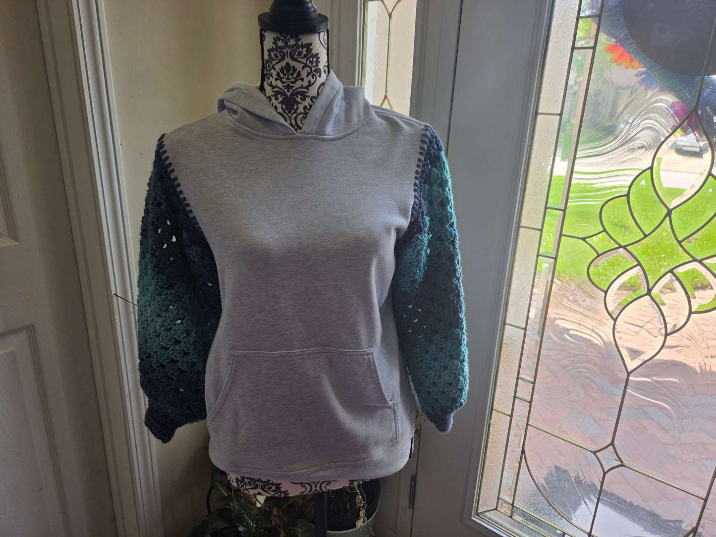 Upcycled Sweater with Crochet Sleeves - XS Blue Teal