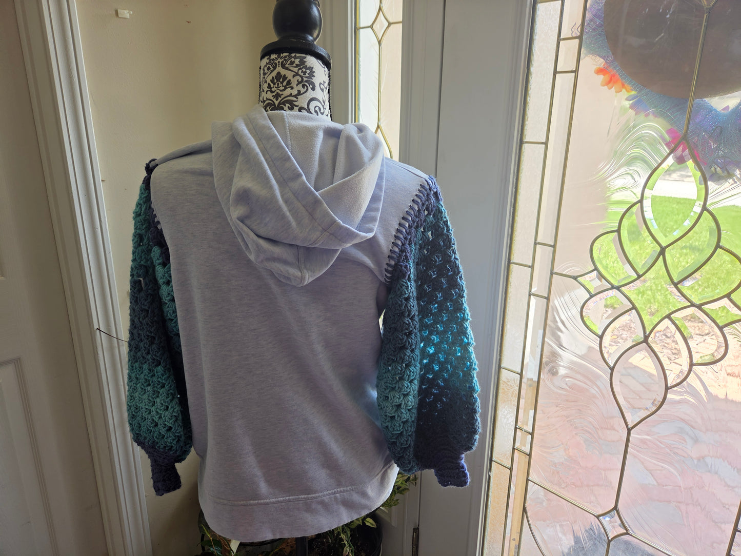Upcycled Sweater with Crochet Sleeves - XS Blue Teal