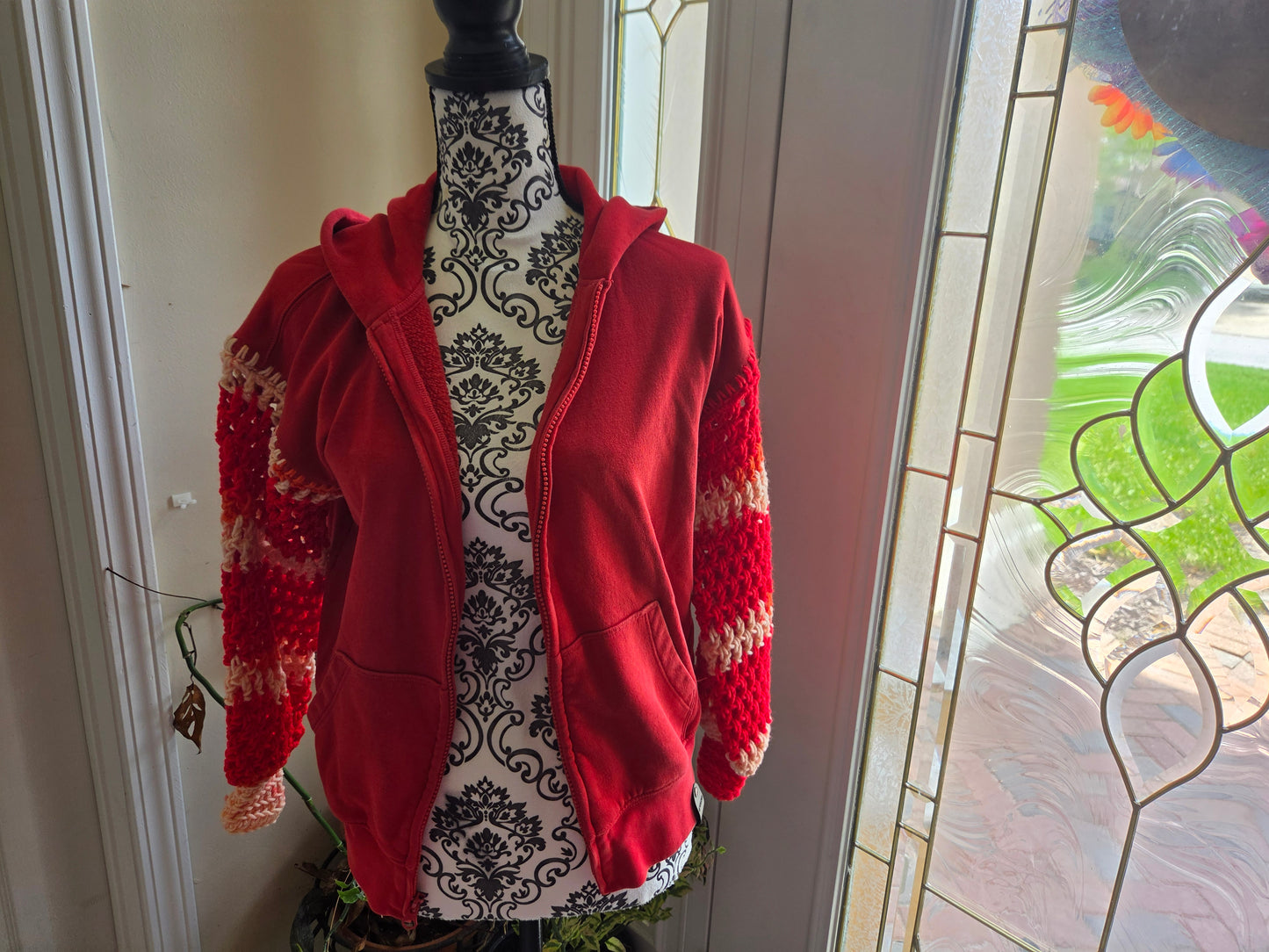 Upcycled Sweater with Crochet Sleeves - Red KIDS Zipup