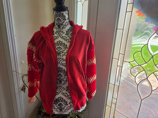 Upcycled Sweater with Crochet Sleeves - Red KIDS Zipup