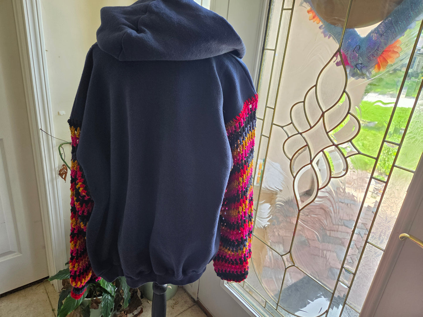 Upcycled Sweater with Crochet Sleeves - XL Navy Zip Up