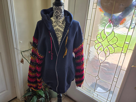 Upcycled Sweater with Crochet Sleeves - XL Navy Zip Up