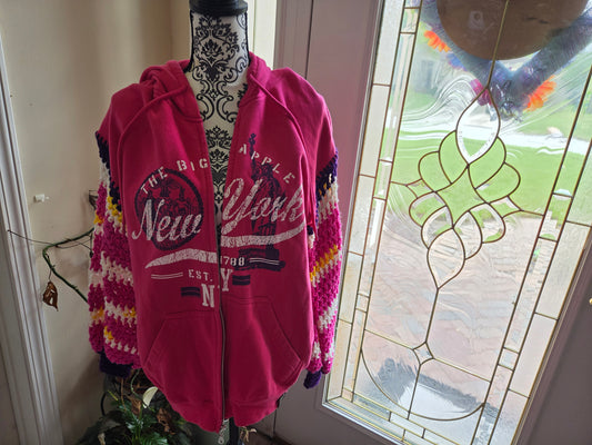 Upcycled Sweater with Crochet Sleeves - Hot Pink the Big Apple