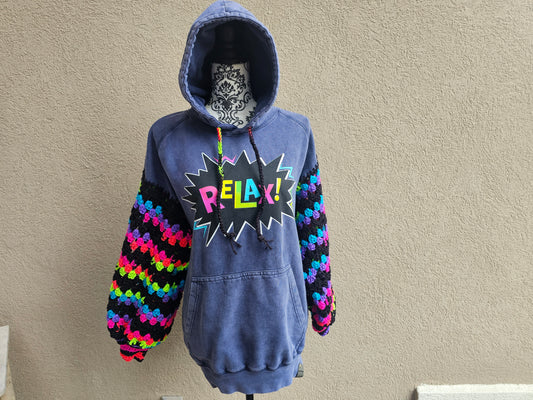 Upcycled Hoodie with Crochet Sleeves - Relax! Multicolor