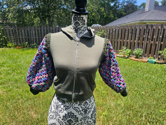 Upcycled Hoodie with Crochet Sleeves - Olive Multicolor Kids