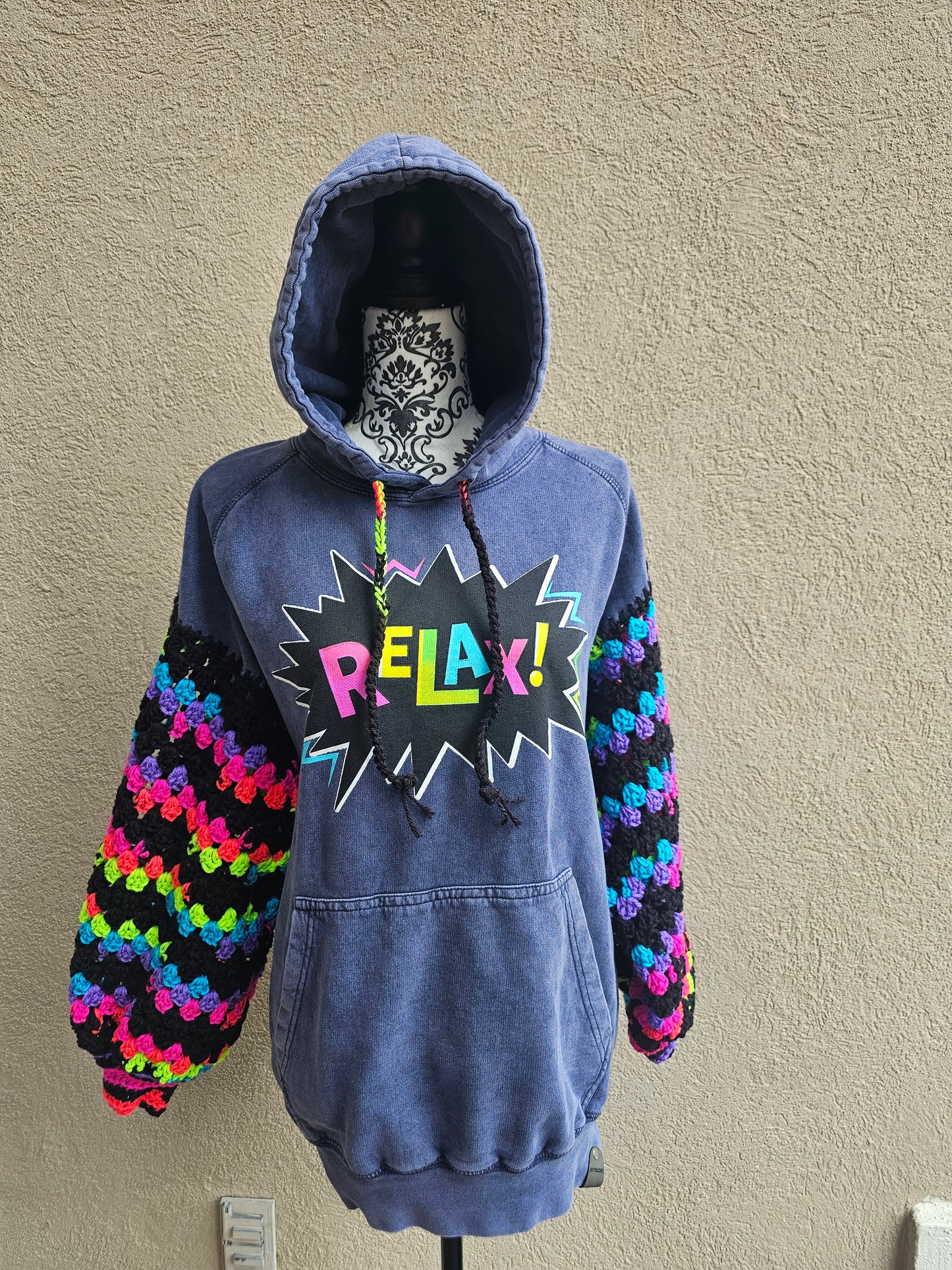Upcycled Hoodie with Crochet Sleeves - Relax! Multicolor