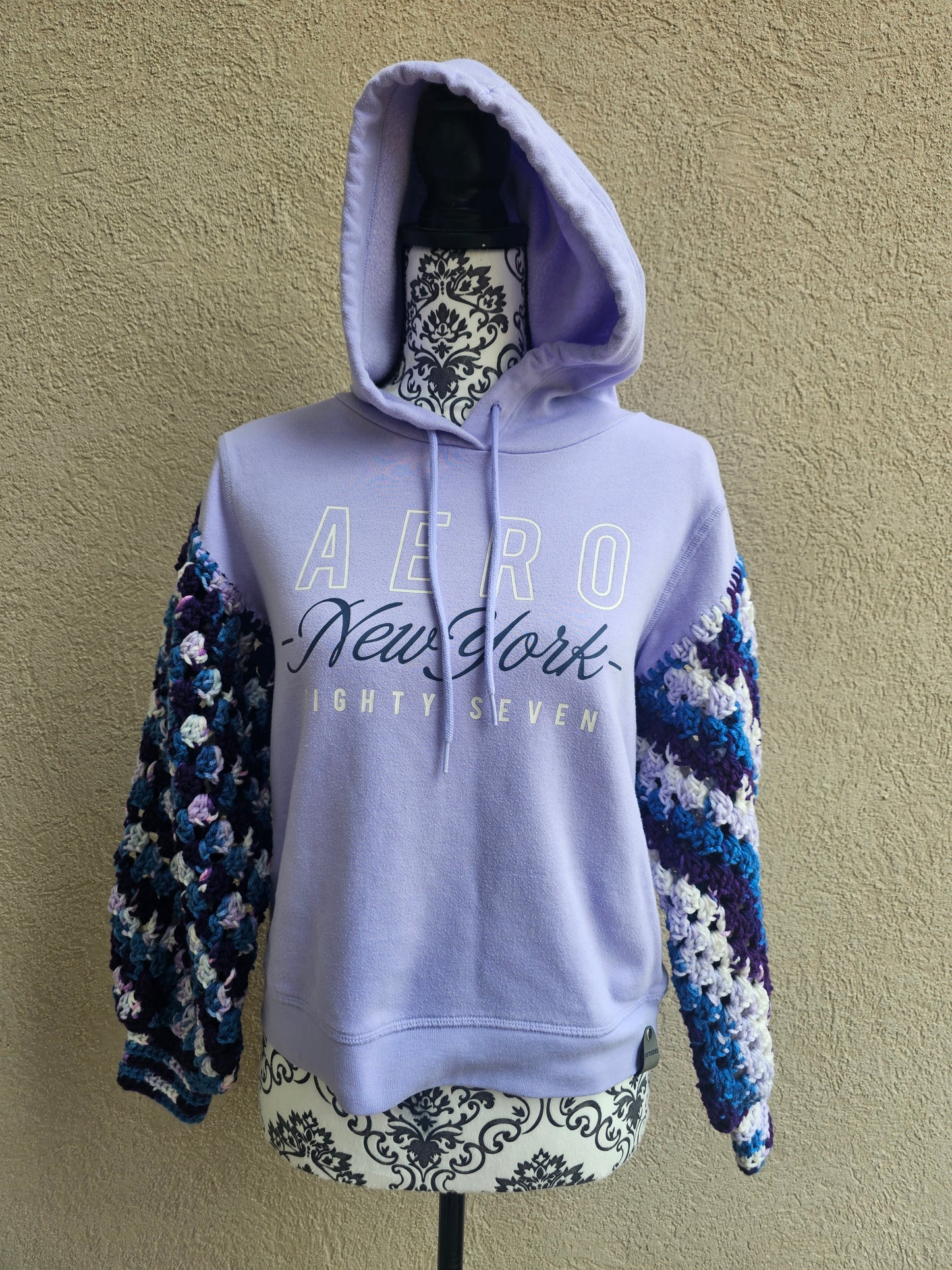 Upcycled Hoodie with Crochet Sleeves - Purple Aero