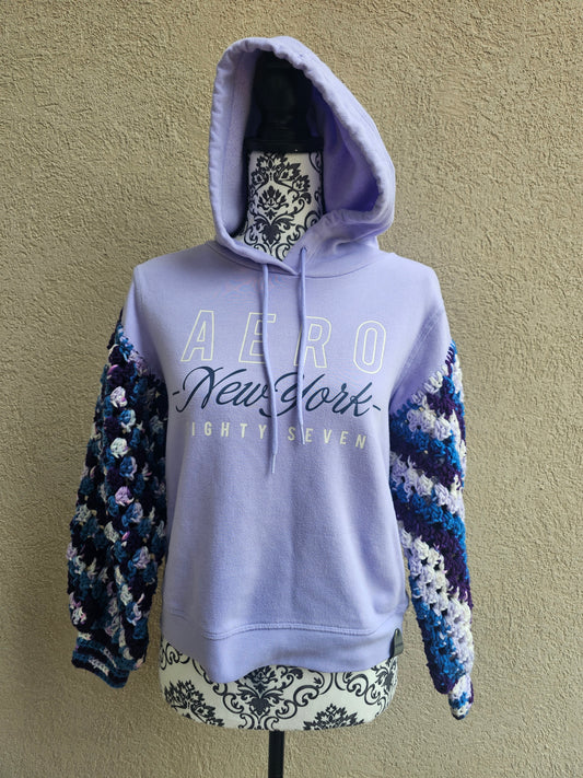 Upcycled Hoodie with Crochet Sleeves - Purple Aero