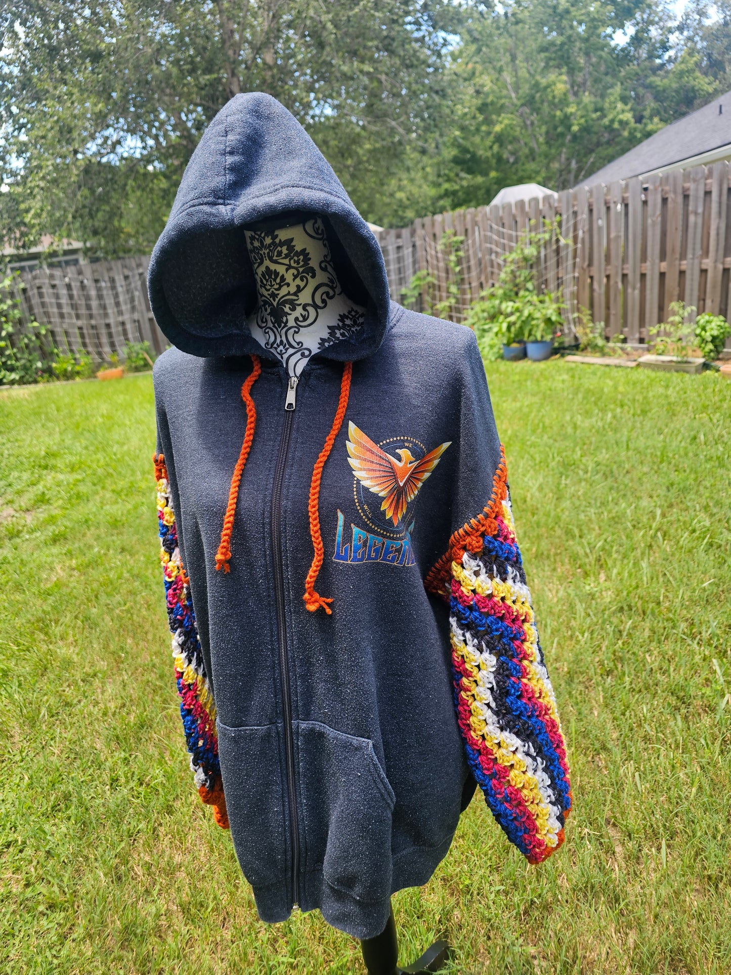 Upcycled Hoodie with Crochet Sleeves - Phoenix