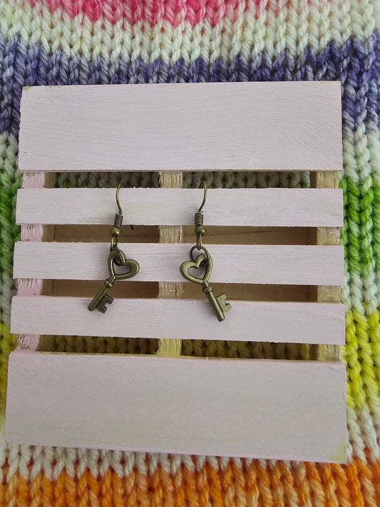 Bronze Heart Key Earrings