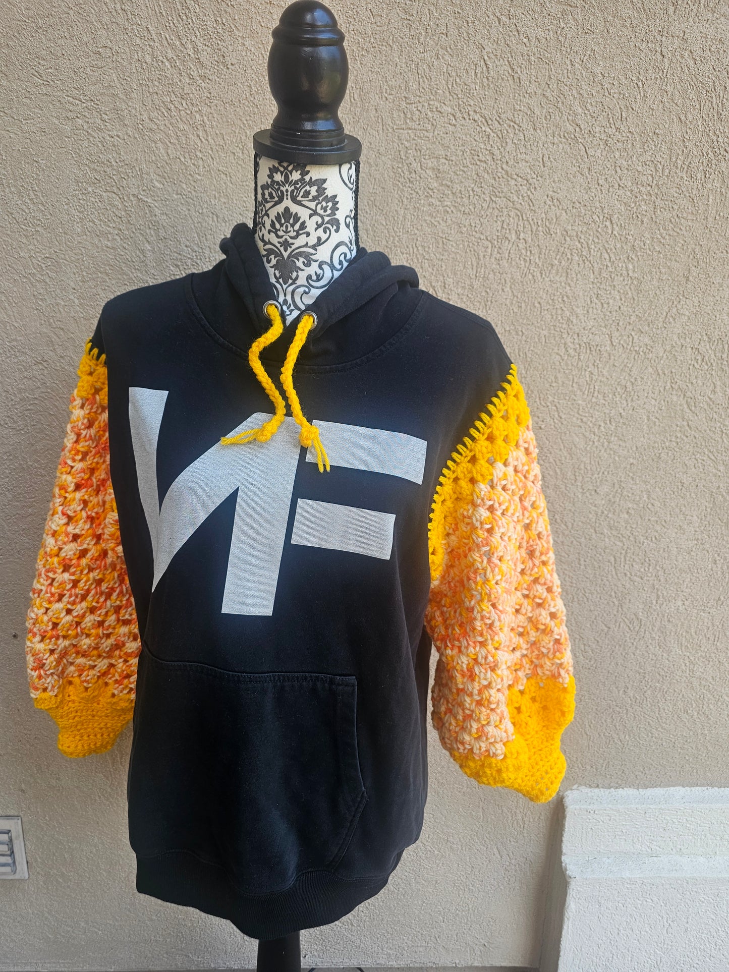 Upcycled Hoodie with Crochet Sleeves - NF Orange Sleeves