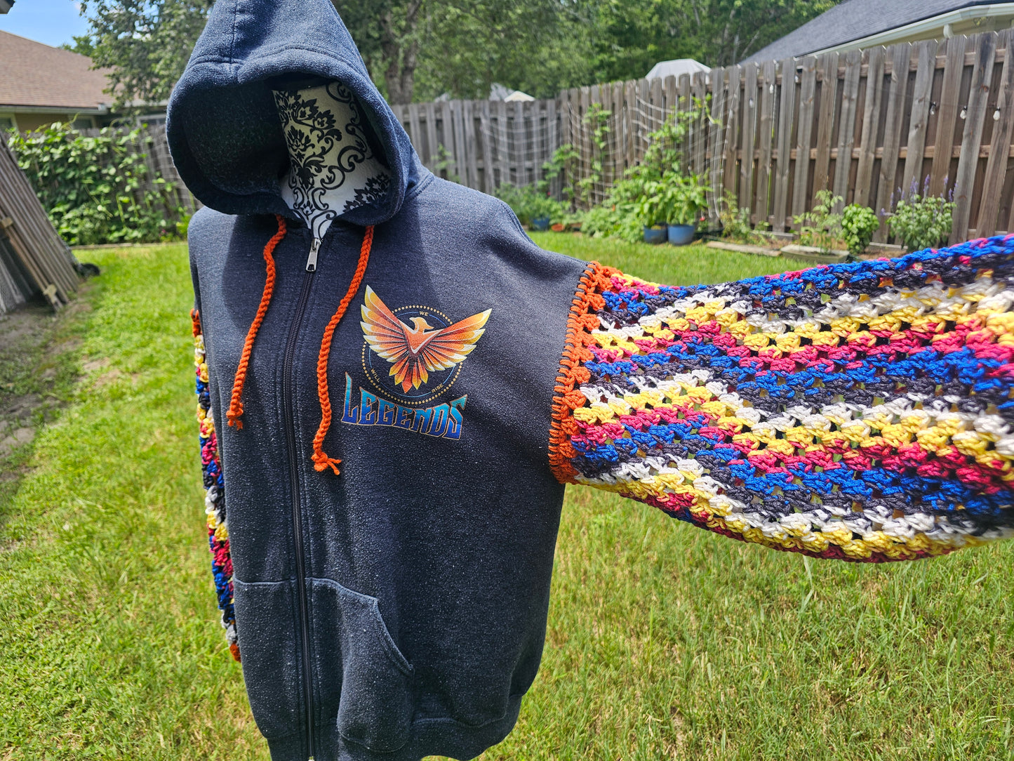 Upcycled Hoodie with Crochet Sleeves - Phoenix