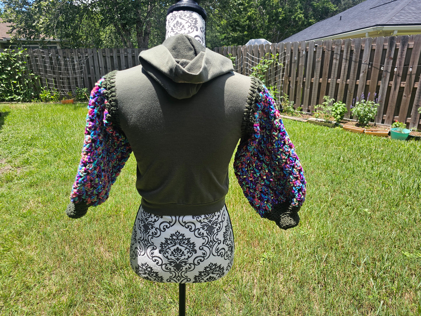 Upcycled Hoodie with Crochet Sleeves - Olive Multicolor Kids