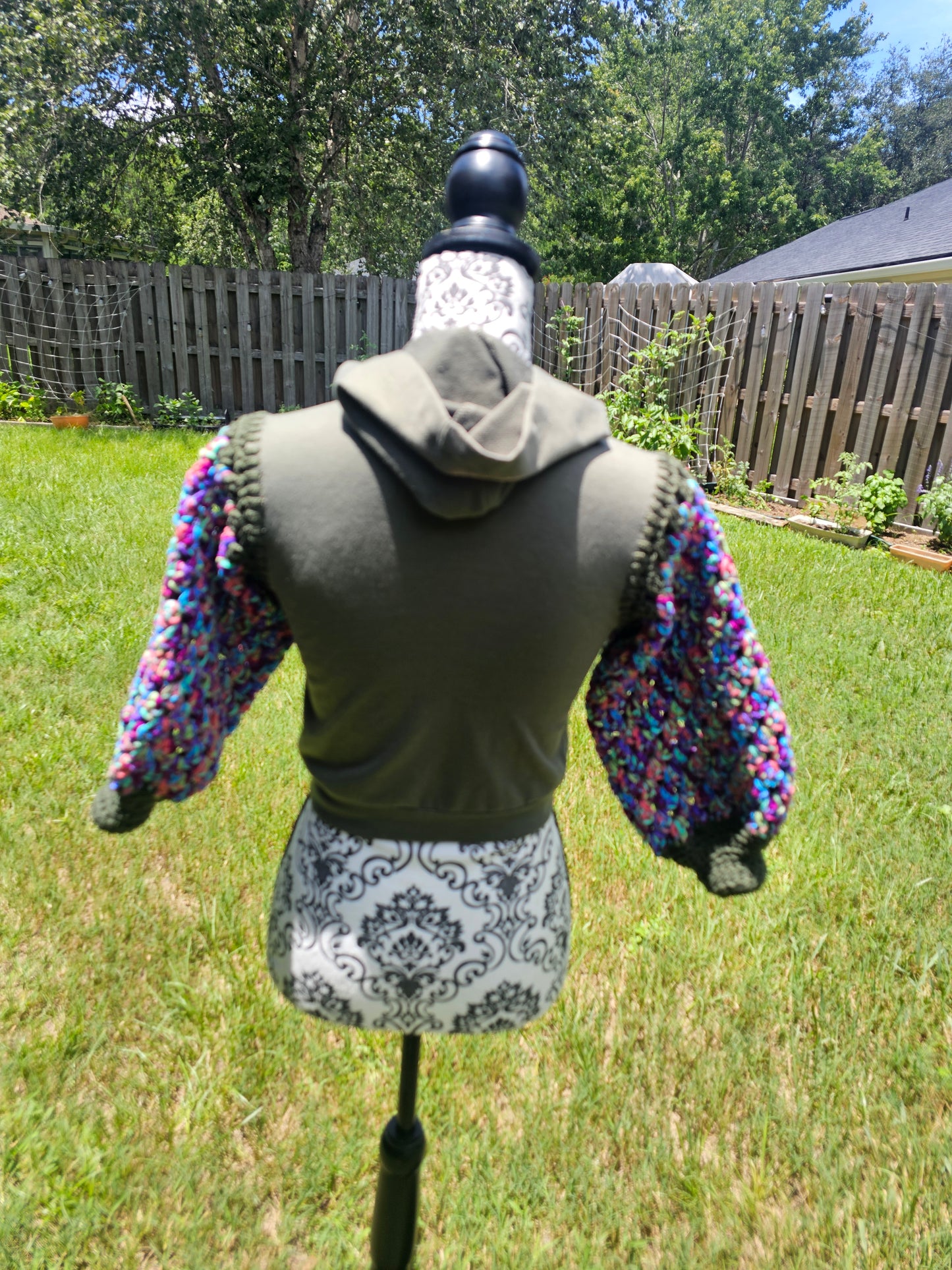Upcycled Hoodie with Crochet Sleeves - Olive Multicolor Kids