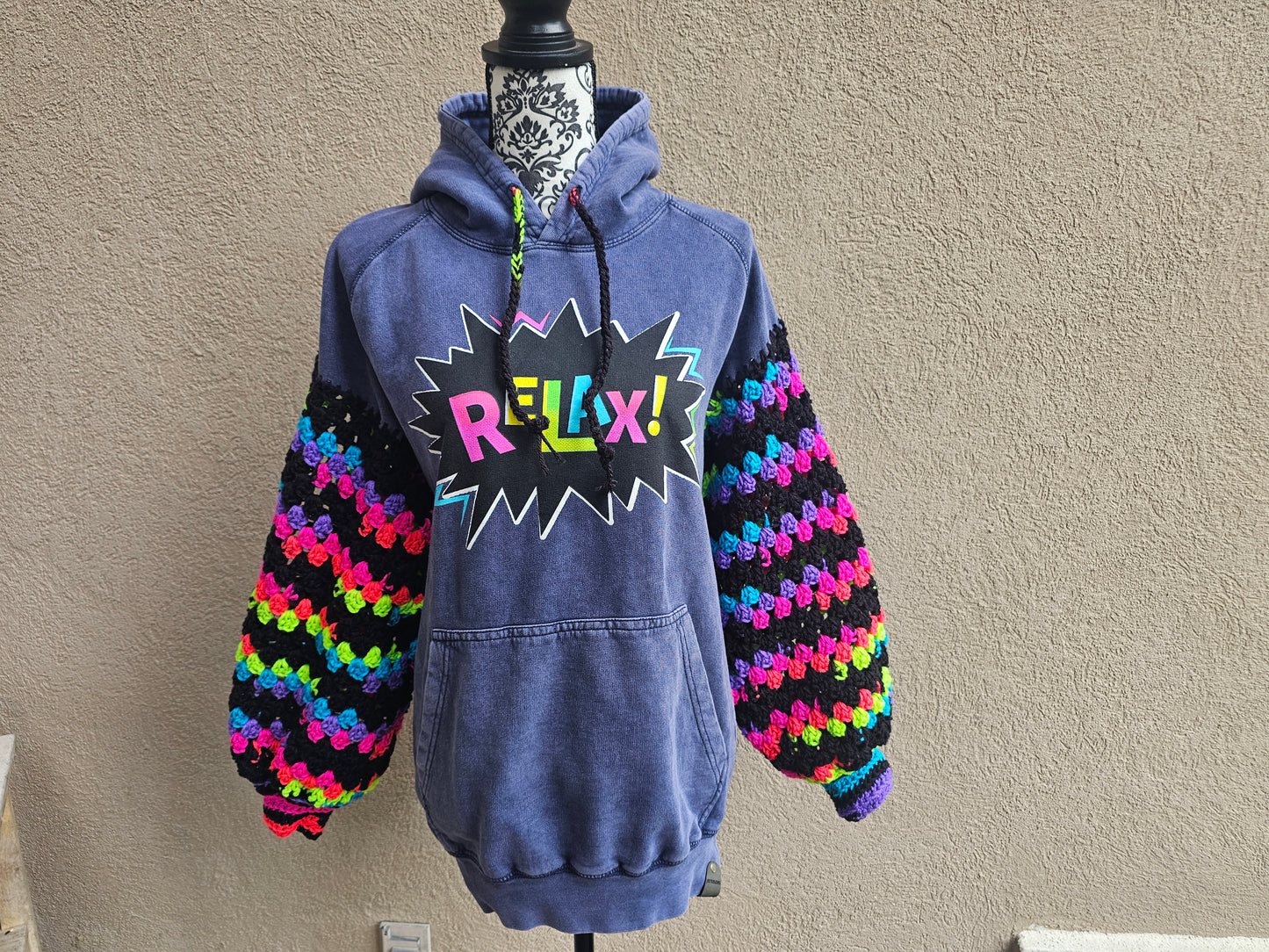 Upcycled Hoodie with Crochet Sleeves - Relax! Multicolor