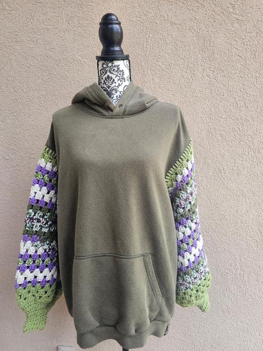Upcycled Hoodie with Crochet Sleeves - Olive Flowers