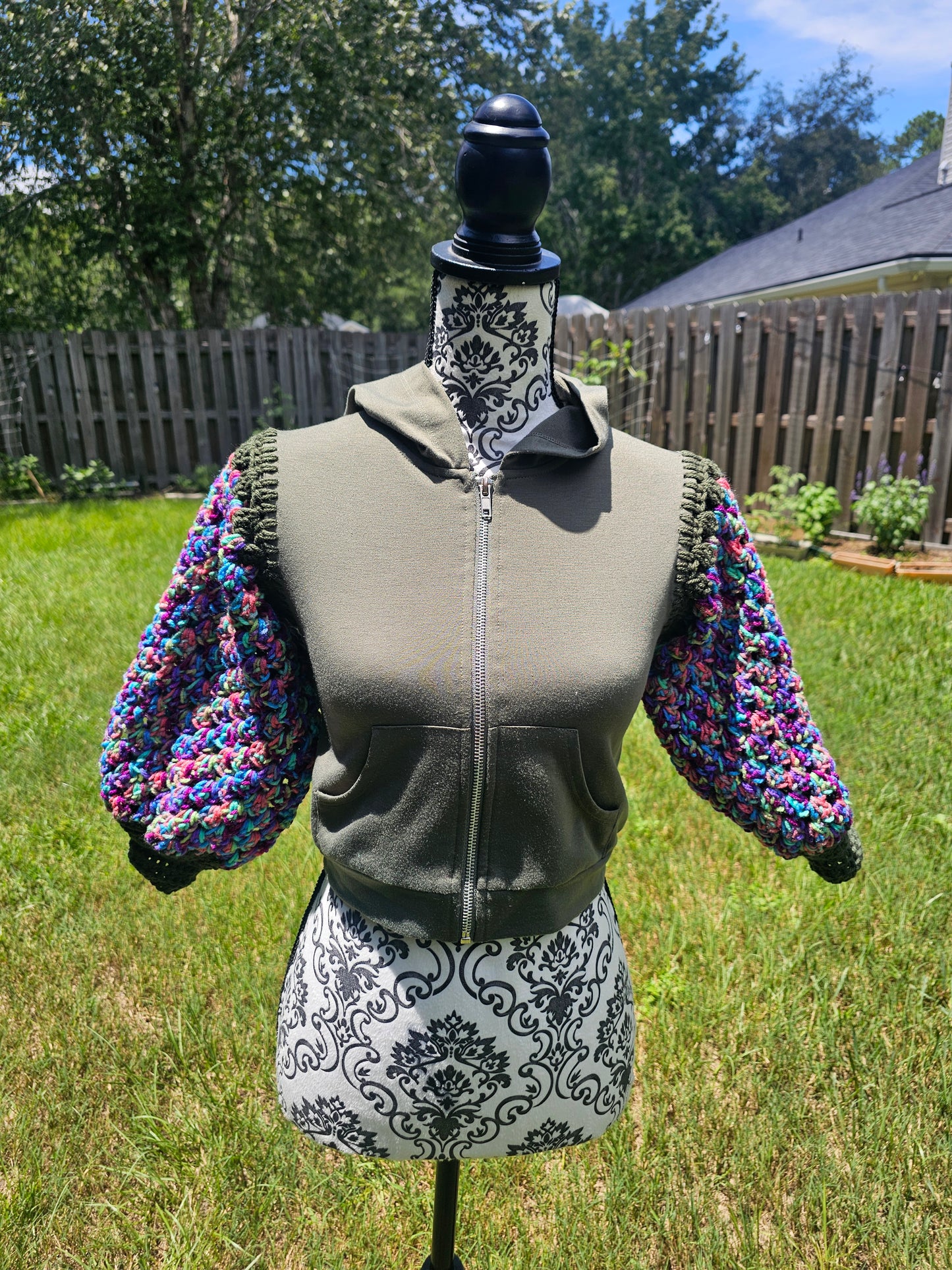 Upcycled Hoodie with Crochet Sleeves - Olive Multicolor Kids