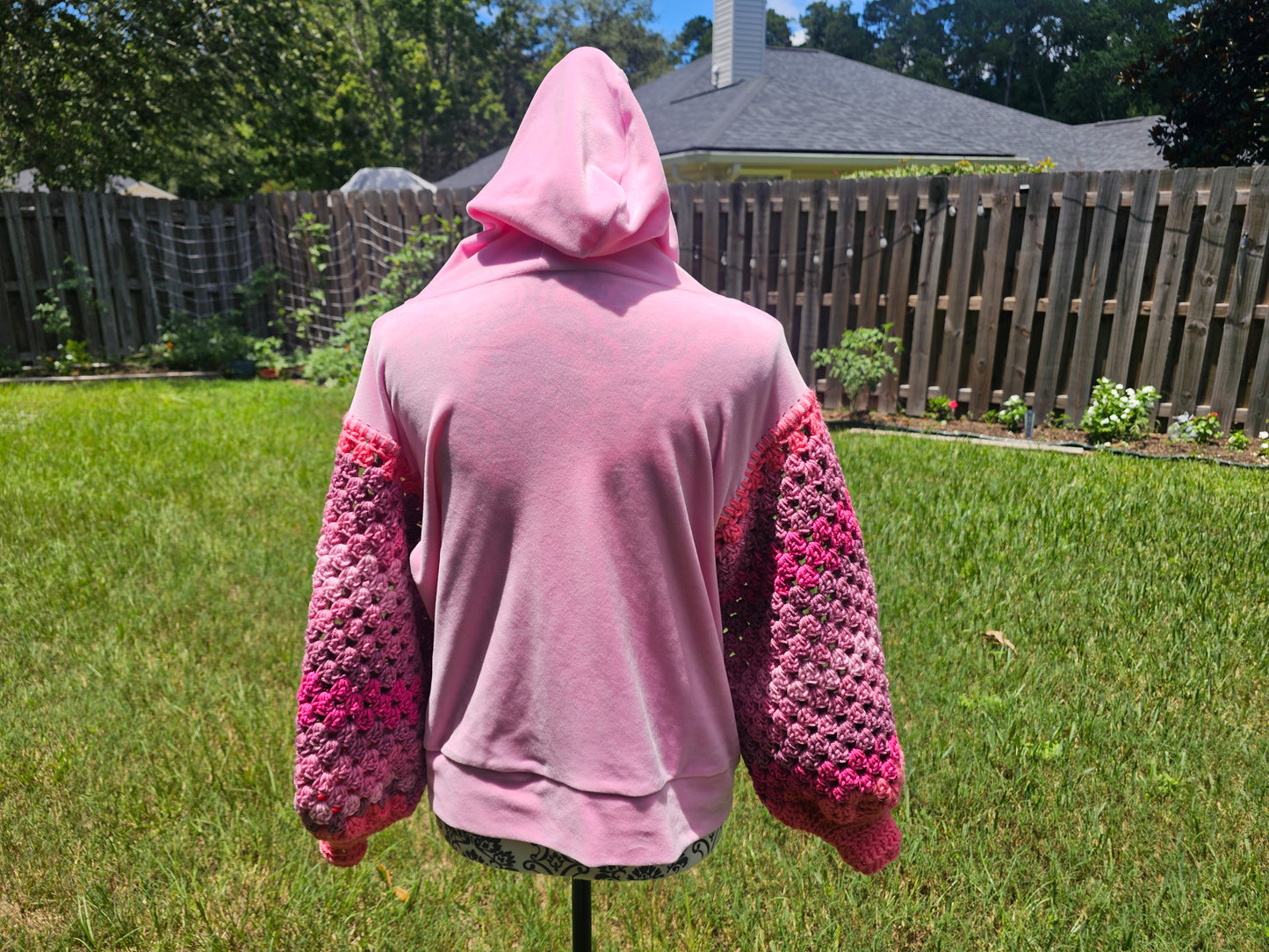 Upcycled Hoodie with Crochet Sleeves - Bubblegum Tracksuit