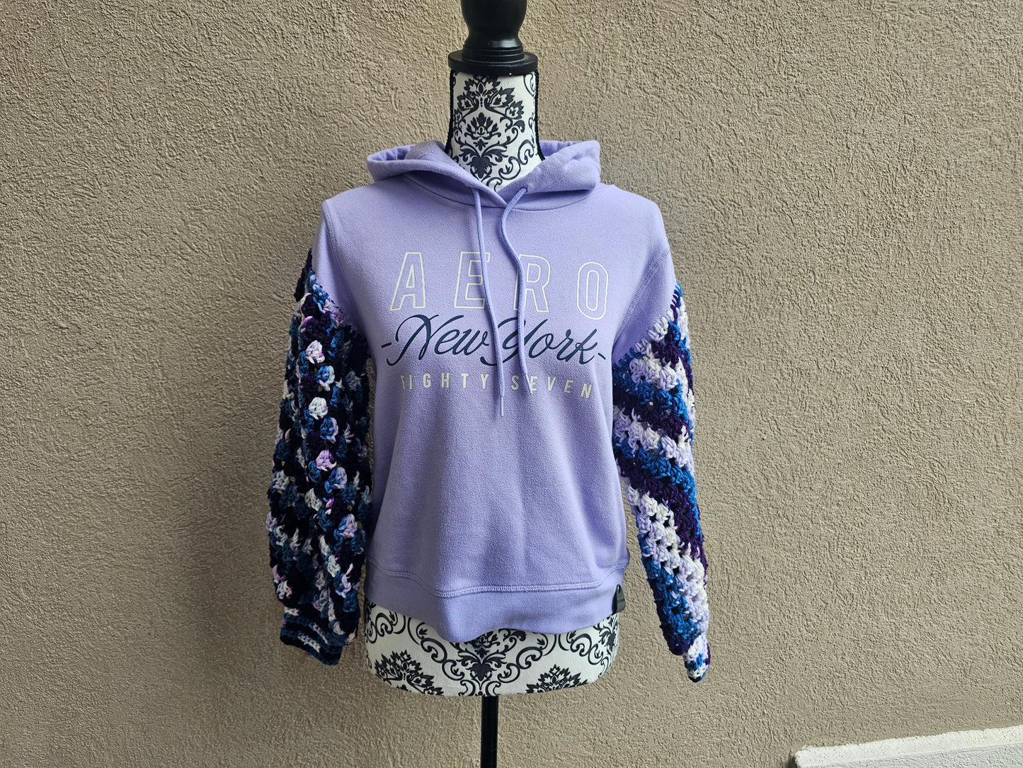 Upcycled Hoodie with Crochet Sleeves - Purple Aero