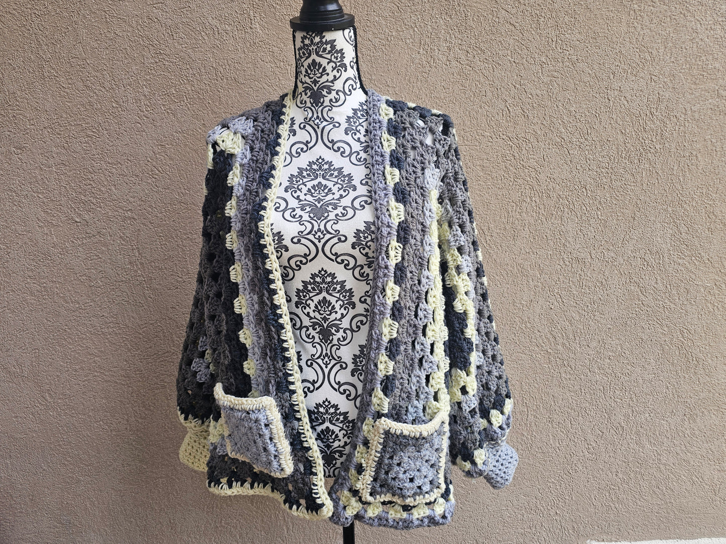 Monochromatic Black and White Crochet Hexicardi Hexi Cardigan Sweater