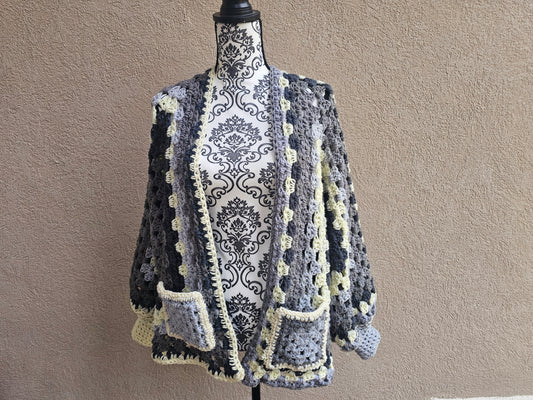Monochromatic Black and White Crochet Hexicardi Hexi Cardigan Sweater