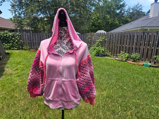 Upcycled Hoodie with Crochet Sleeves - Bubblegum Tracksuit