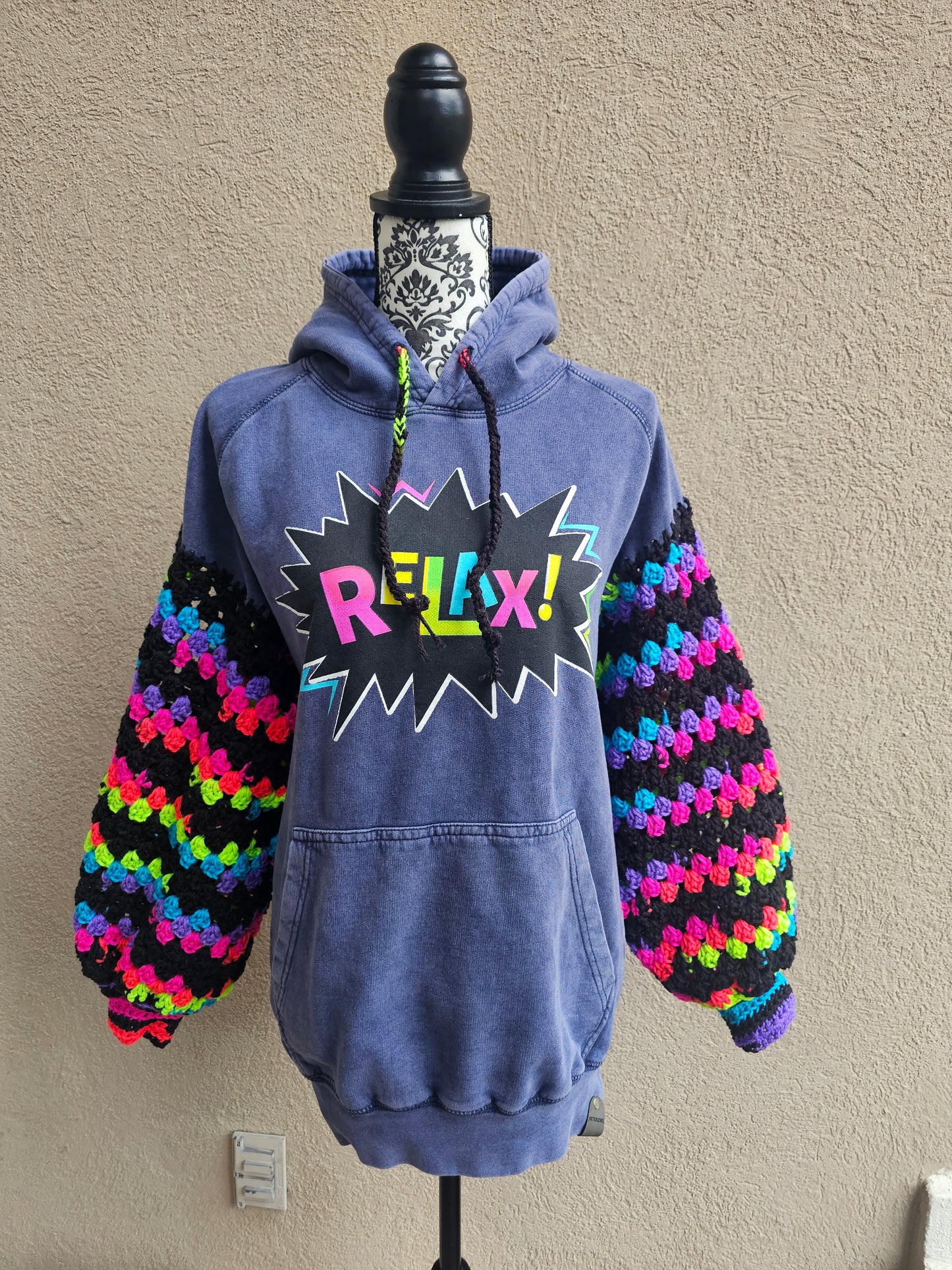 Upcycled Hoodie with Crochet Sleeves - Relax! Multicolor