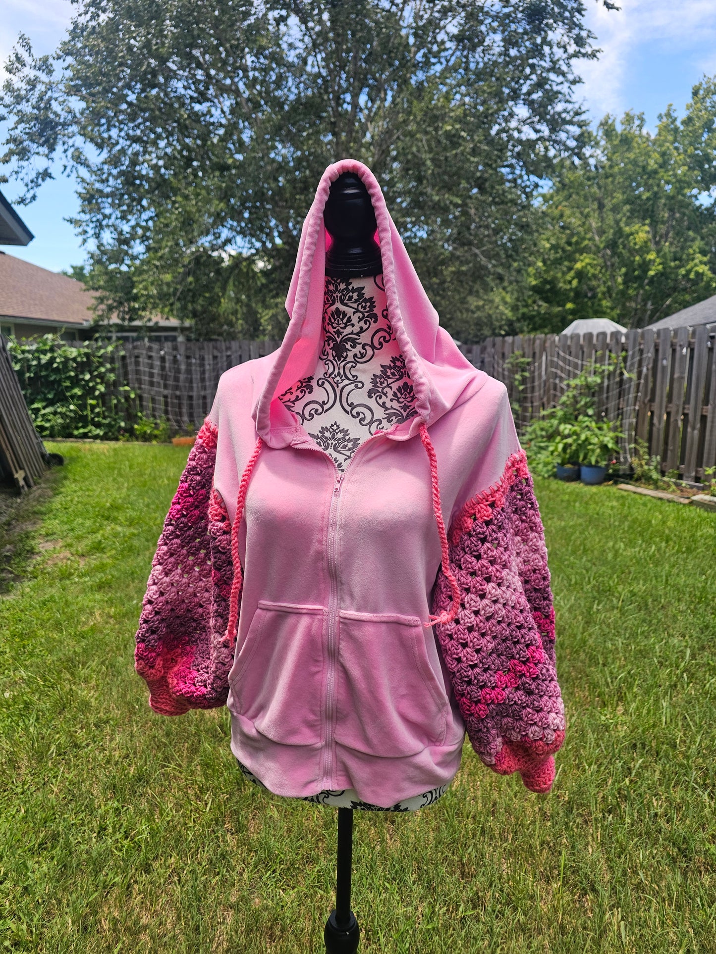 Upcycled Hoodie with Crochet Sleeves - Bubblegum Tracksuit