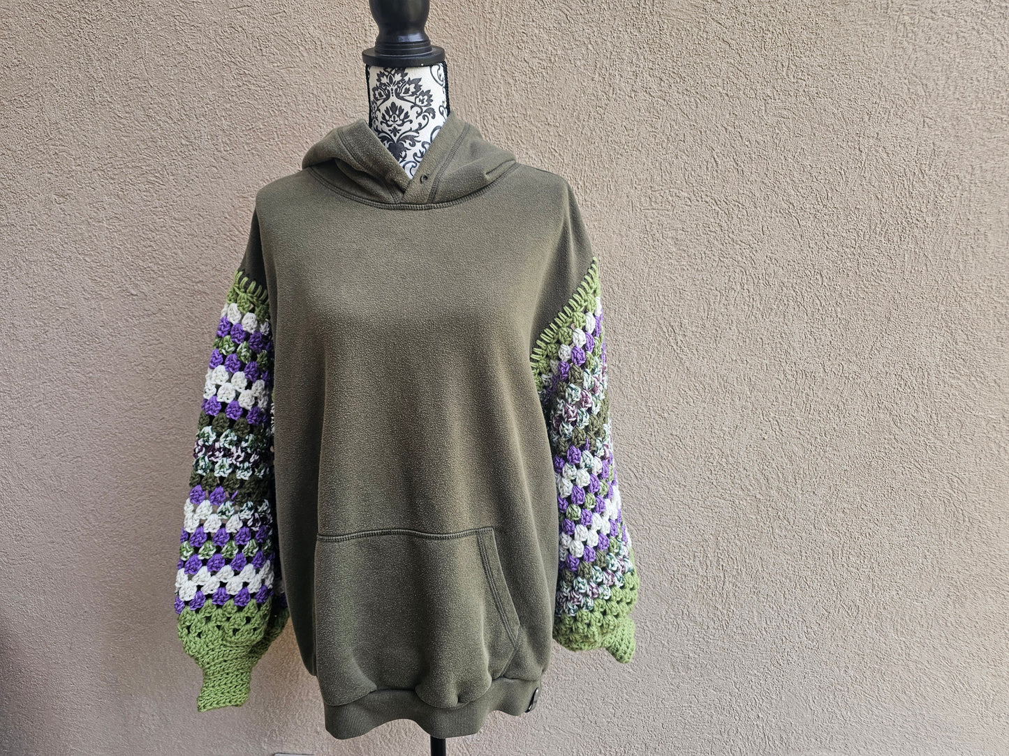 Upcycled Hoodie with Crochet Sleeves - Olive Flowers