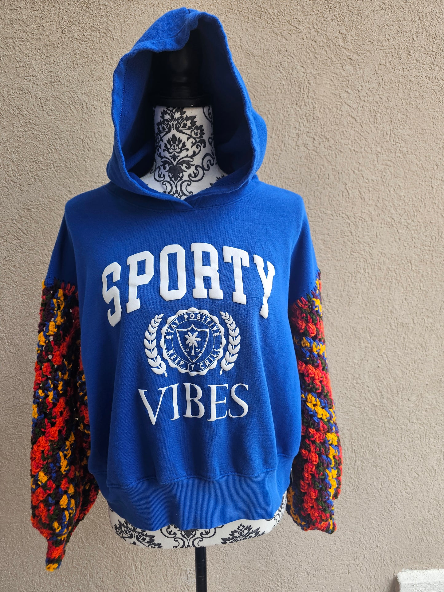 Upcycled Hoodie with Crochet Sleeves - Sporty Vibes