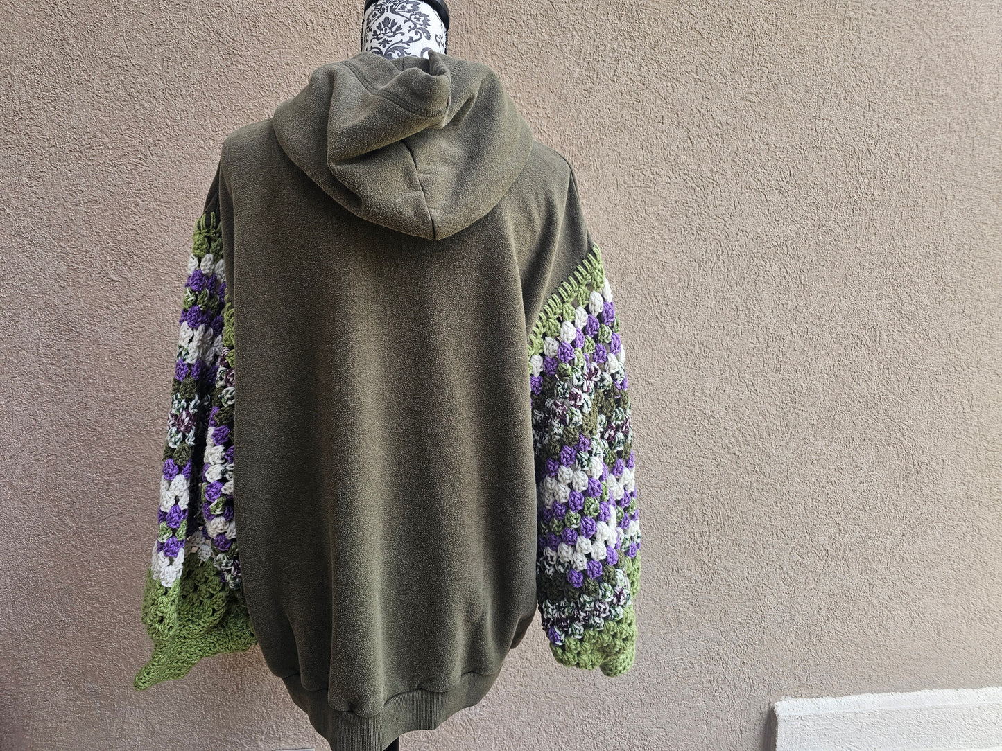 Upcycled Hoodie with Crochet Sleeves - Olive Flowers