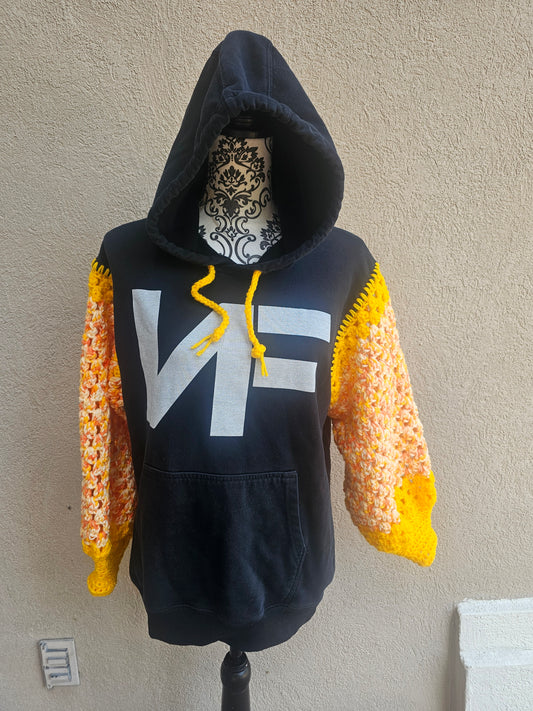 Upcycled Hoodie with Crochet Sleeves - NF Orange Sleeves
